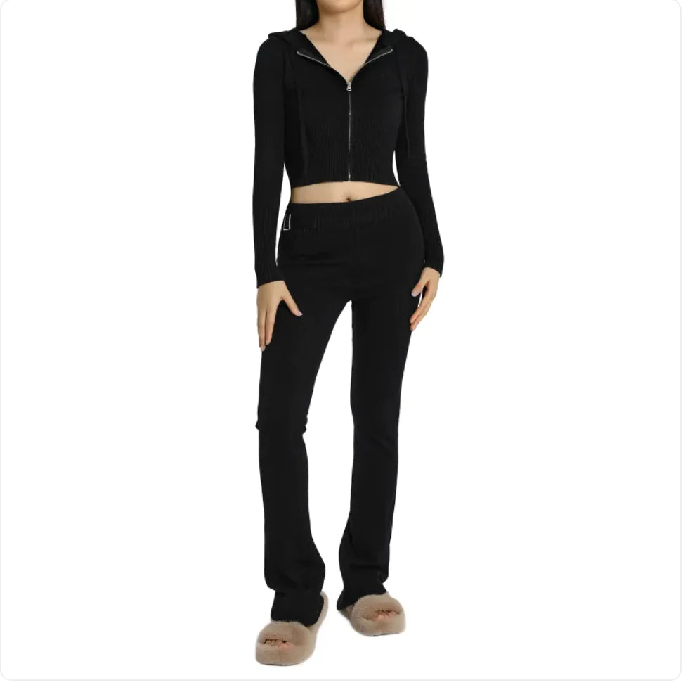 Women’s 2-Piece Knitted Hooded Set - Long-Sleeve Cardigan & High-Waist Trousers